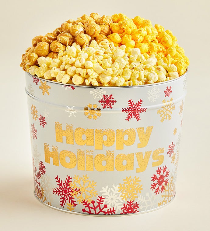 1.75 Gallon Sparkling Snowflakes Happy Holidays 3 Flavor Popcorn Tin
